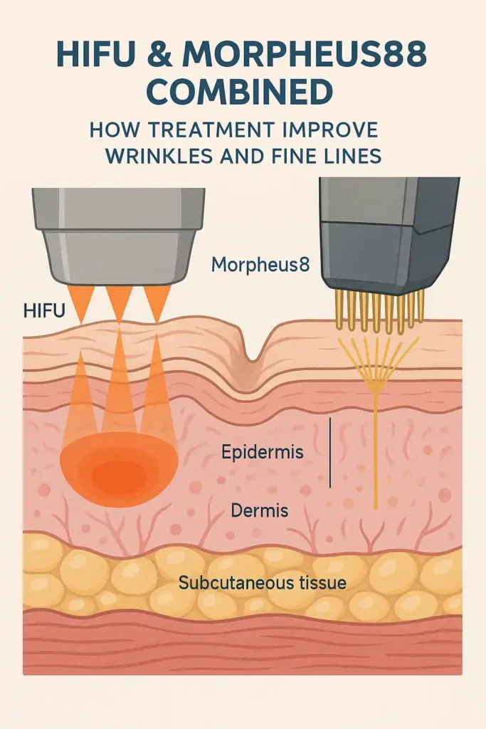 Diagram showing HIFU & Morpeus8 Redbourn and the benefits for reduction in wrinkles and fine lines