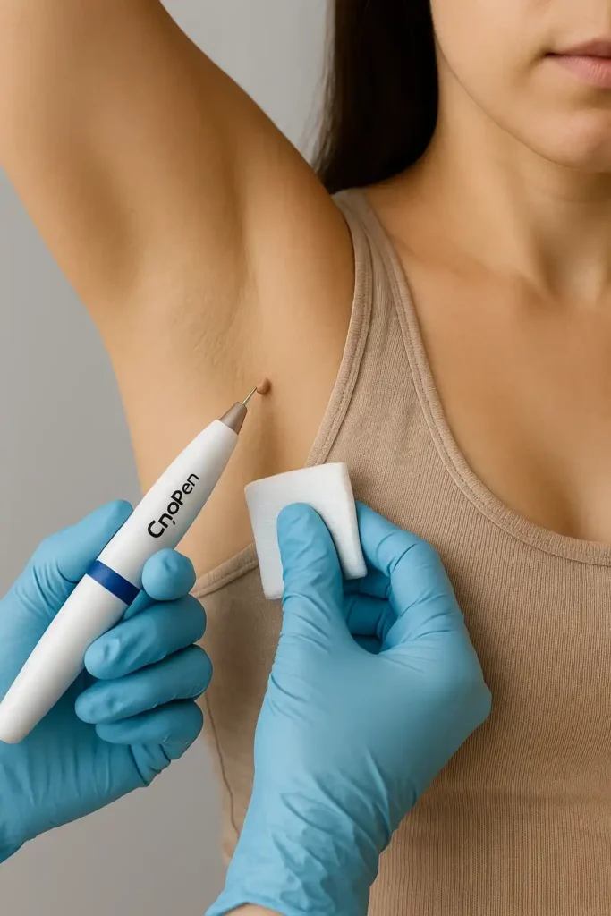 woman having cryopen to remove underarm skin tags Redbourn