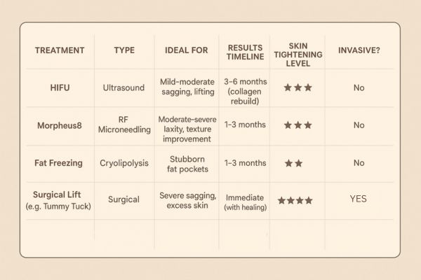 Table showing the comparisons of Skin tightening Redbourn treatment options.